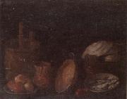 unknow artist Still life of apples and herring in bowls,a beaten copper jar,a pan and other kitchen implements oil painting on canvas